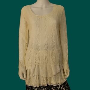 INDIGO SOUL Cream Lace Layered Ruffle Long Sleeve Boho Tunic